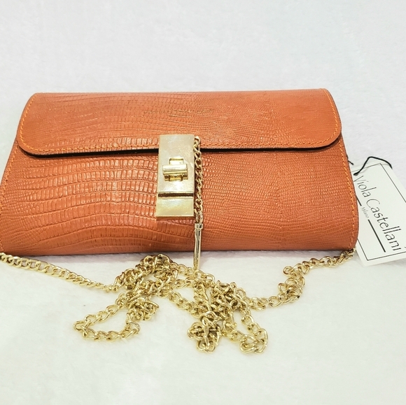 964- Viola Castellani GENUINE LEATHER CROSSBODY BAG Orange Color NWT - Picture 1 of 4